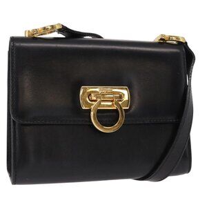 Authentic Salvatore Ferragamo Gancini Shoulder Bag Leather Black Gold